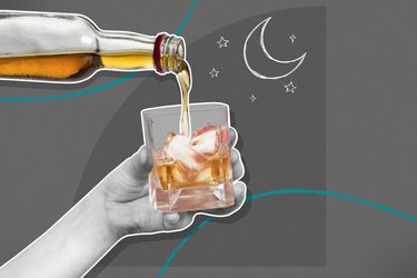 mixed media graphic showing hand pouring whiskey on gray background with moon and stars illustration