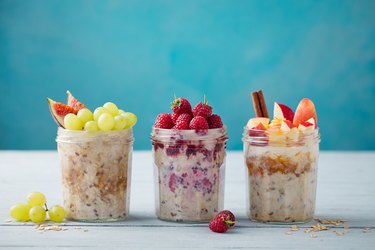 Assortment overnight oats, vegan with berries and fruit and nut butter