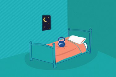 Illustration of a kettlebell on a bed at nighttime, representing the concept of working out before bed