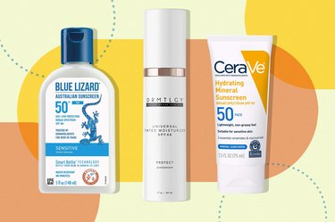 a collage of some of the best sunscreens for tattoos on a yellow and orange background