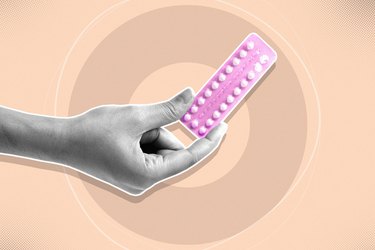 mixed media collage of hand holding pack of birth control pills on peach background
