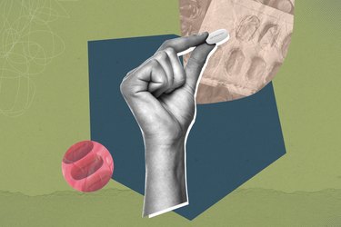 a mixed media image of a person's hand holding an azithromycin pill from a Z-pak