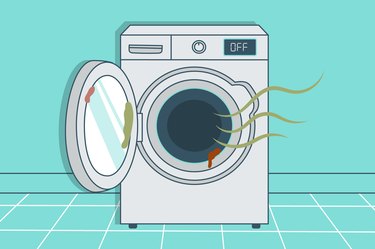 illustration of a dirty washing machine that needs to be cleaned in a light blue room