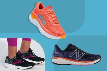 a collage of some of the best shoes for sciatica on a blue background