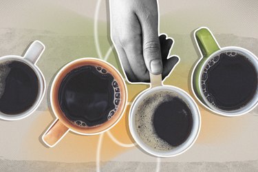 mixed media image of a hand holding a cup of coffee surrounded by 3 more cups of coffee on a gray background