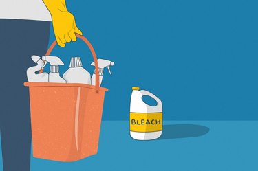 an illustration of the rear view of a person holding an orange bucket of cleaning supplies wearing a yellow glove walking toward a jug of bleach on a blue background