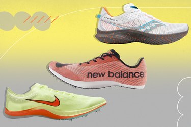 Collage of best sprinting shoes on yellow and gray background.