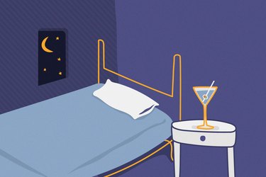 illustration of martini glass on nightstand next to bed with moon and stars out the window