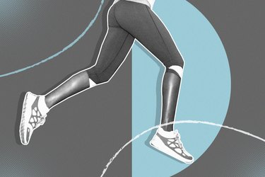 gray and white image of woman's lower body mid-run on gray and light blue background