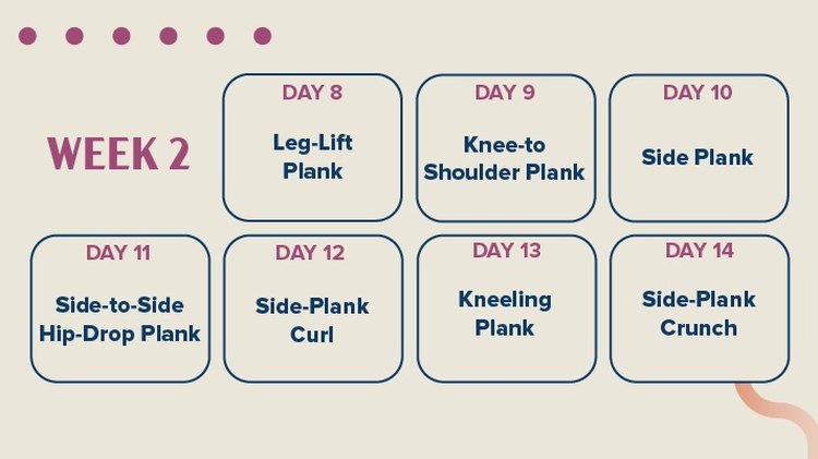 7-day calendar showing all of the plank variations for week 2 of the LIVESTRONG.com Plank Challenge