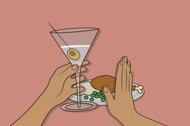 Illustration of someone drinking alcohol and pushing away a plate of food, as a concept of alcohol on an empty stomach