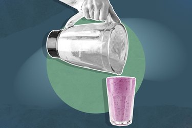 custom illustration showing a hand pouring a  smoothie from a blender into a cup.