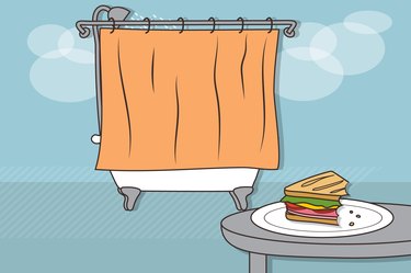 an illustration of a bathroom with a dinner plate in the foreground and shower in the background, to represent showering after eating