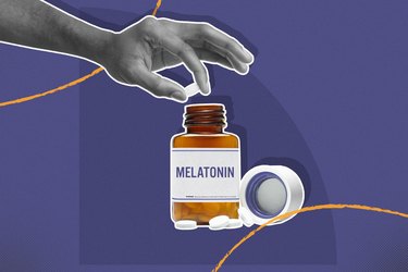 hand holding melatonin supplement over bottle on purple background