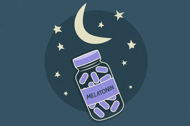 Illustration of a bottle of melatonin against a night sky with dark blue background.
