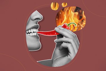 mixed graphic showing woman eating spicy pepper with flames