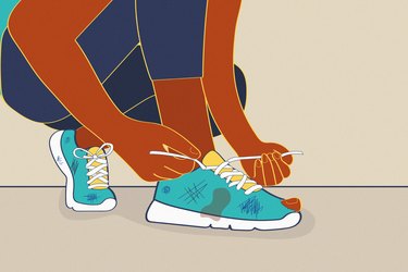 illustration of runner tying laces of old running shoe with hole and scuff marks