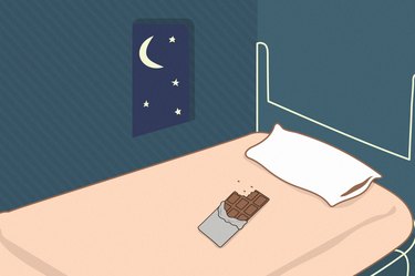 custom illustration of a bed with a chocolate bar on it, with the moon out the window