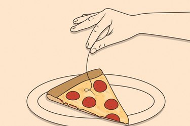 an illustration of a person's hand pulling a strand of black hair off a piece of pizza
