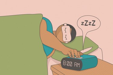 Illustration of a person sleeping in bed and hitting the snooze button on their alarm