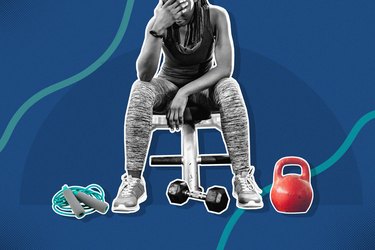 mixed media graphic of  woman tired from exercising too much with kettlebell, dumbbell and jump rope on blue background