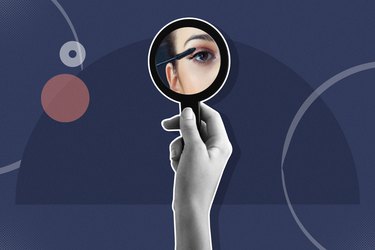 mixed media graphic showing woman looking into a compact mirror and applying mascara on a blue background