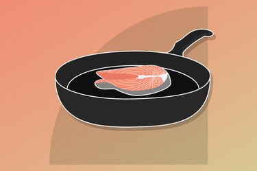 illustration showing salmon cooking in cast iron pan