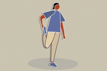 illustration of person in purple shirt stretching quad to warm up before exercise