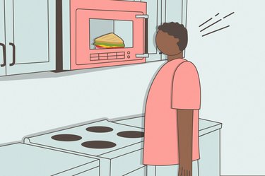 an illustration of a person in a pink t-shirt standing in front of a microwave that has food in it