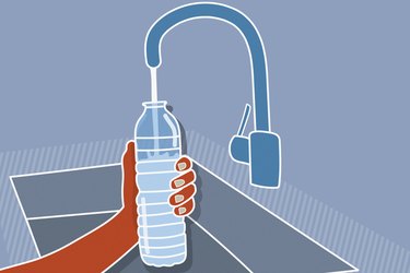 Illustration of a person refilling a plastic water bottle for this article about plastic bottles and negative things about plastic