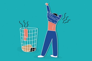 illustration of person putting on smelly exercise shirt with hamper on teal background