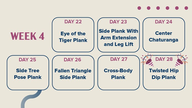 7-day calendar showing 7 different plank variations for week 4 of the LIVESTRONG.com plank challenge