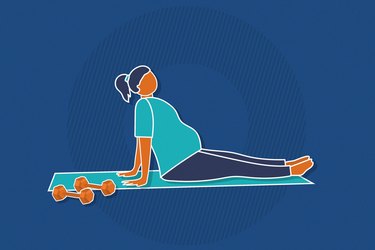 Illustration of a pregnant person resting during workout on mat with dumbbells