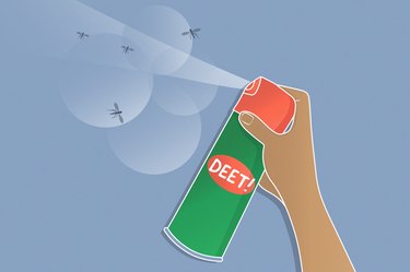 Illustration of a can of DEET being sprayed on mosquitos