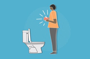 An illustration of a person holding a pack of wet wipes in the bathroom, wondering if wet wipes are bad for you